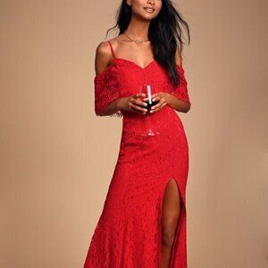 NEW Lulus Caterina‎ Red Lace Off-the-Shoulder Maxi
